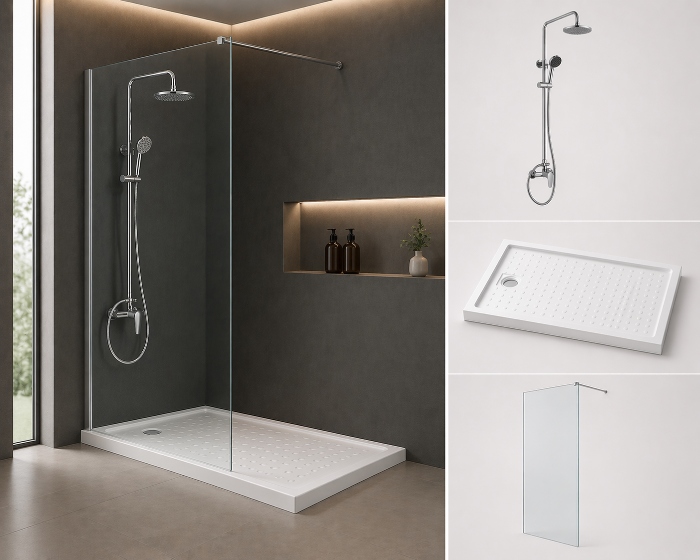 Kit Mampara Fija + Receptáculo 140cm + Columna de Ducha con Grifería
