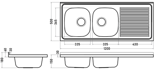 Lavaplatos 2 Cubetas Acero Inoxidable 120 cm Sin Perforación