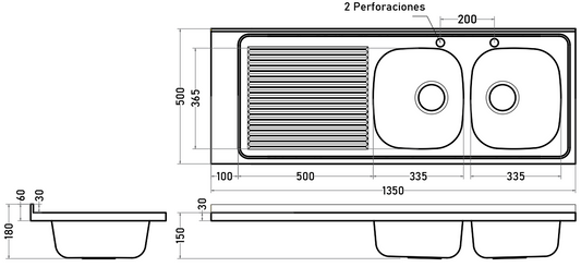 Lavaplatos 2 Cubetas 135 cm Izquierdo 2 Perforaciones Acero Inoxidable