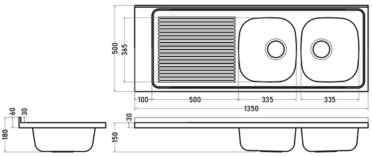 Lavaplatos 2 Cubetas 135 cm Derecho Sin Perforación Acero Inoxidable