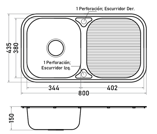 Lavaplatos Empotrado 1 Cubeta 80 cm con Escurridor Acero Inoxidable