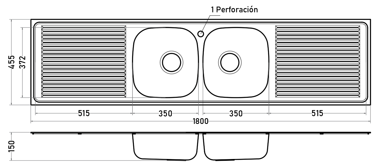 Lavaplatos Empotrar 180 cm 2 Cubetas Doble Escurridor Acero Inoxidable