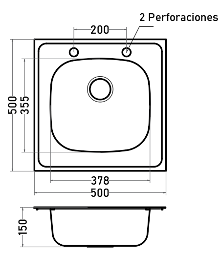 Lavaplatos Empotrar 50x50 cm 1 Cubeta 2 Perforaciones