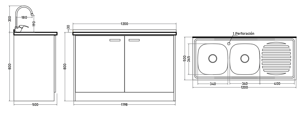 Kit Mueble Lavaplatos 120 cm con Lavaplatos Doble Cubeta y Monomando