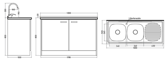 Kit Mueble Lavaplatos 120 cm con Lavaplatos Doble Cubeta y Monomando
