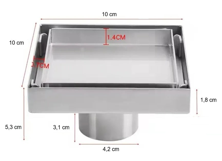Desagüe de Piso Invisible 10x10 cm Acero Inoxidable con Trampa Anti Olores