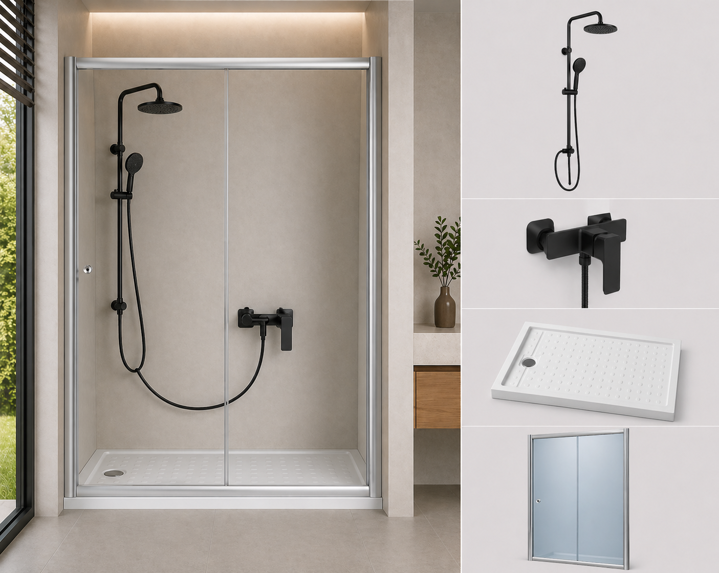 Kit Mampara Corredera + Receptaculo 140cm + Grifería Black