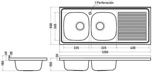 Lavaplatos 2 Cubetas Acero Inoxidable 120 cm con Escurridor