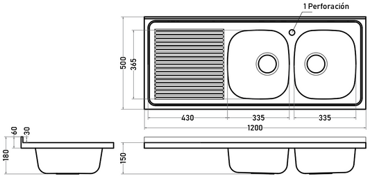 Lavaplatos 2 Cubetas Acero Inoxidable 120 cm Escurridor Izquierdo