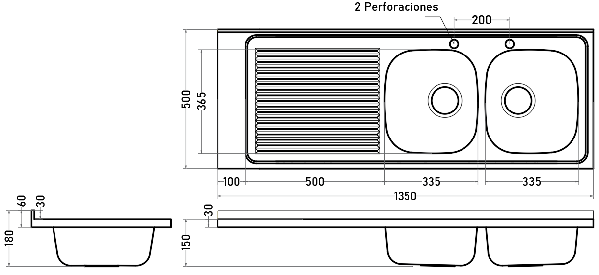 Lavaplatos 2 Cubetas 135 cm Izquierdo 2 Perforaciones Acero Inoxidable