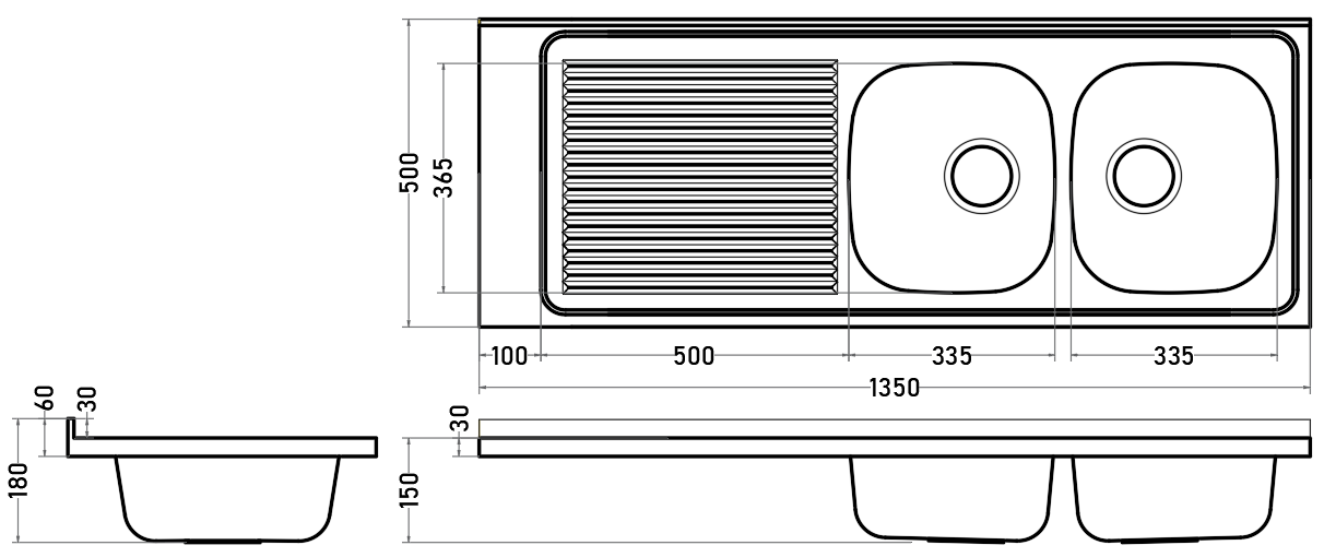 Lavaplatos 2 Cubetas 135 cm Derecho Sin Perforación Acero Inoxidable