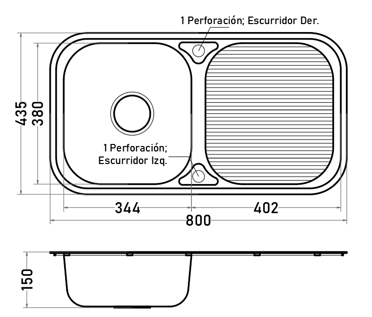 Lavaplatos Empotrado 1 Cubeta 80 cm con Escurridor Acero Inoxidable