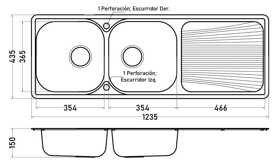 Lavaplatos Empotrado 2 Cubetas 123 cm con Escurridor Acero Inoxidable