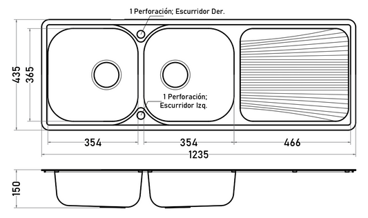 Lavaplatos Empotrado 2 Cubetas 123 cm con Escurridor Acero Inoxidable