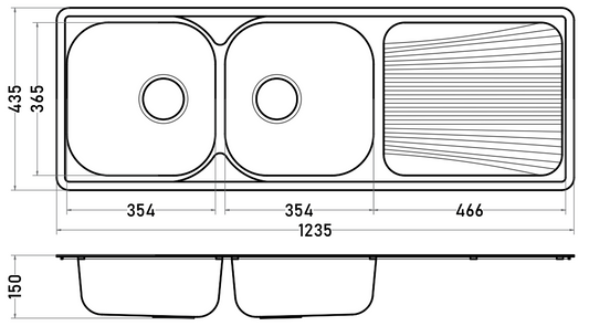 Lavaplatos Empotrado 2 Cubetas 123 cm sin Perforación Acero Inoxidable