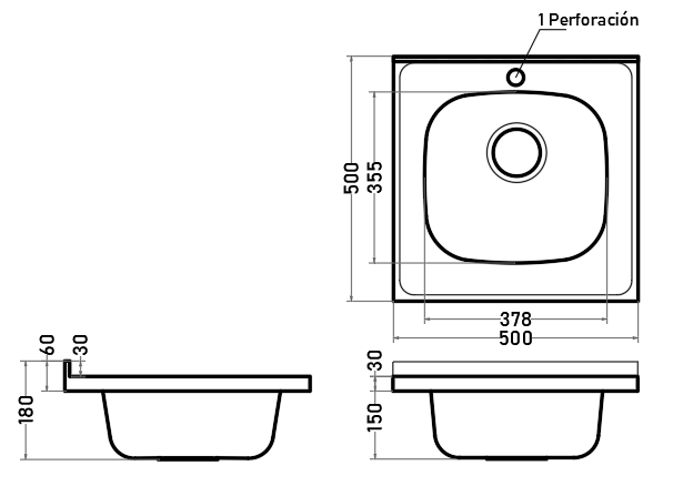 Lavaplatos Sobreponer 50 cm 1 Cubeta con Perforación Acero Inoxidable