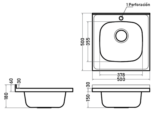 Lavaplatos Sobreponer 50 cm 1 Cubeta con Perforación Acero Inoxidable