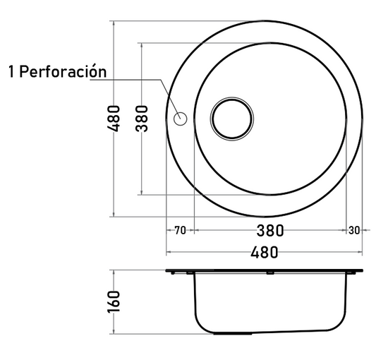 Lavaplatos Empotrar Redondo 48 cm 1 Cubeta Acero Inoxidable