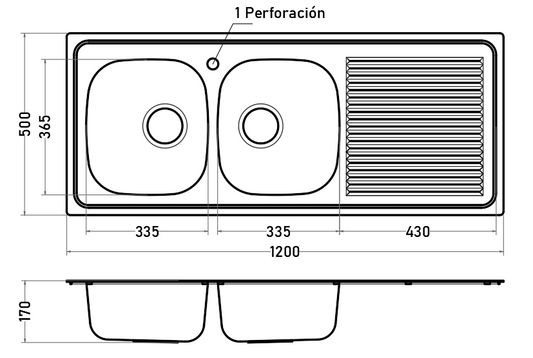 Lavaplatos Empotrado Acero Inoxidable 2 Cubetas 1200x500 mm