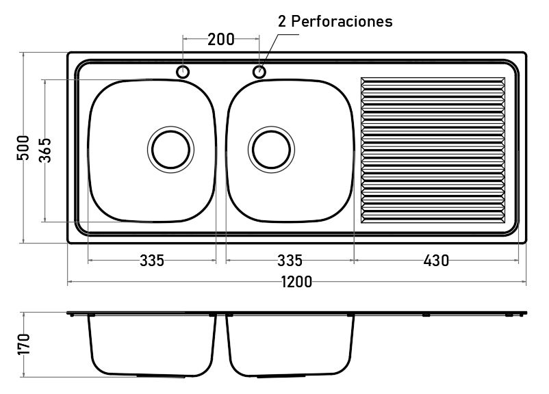 Lavaplatos Empotrado Acero Inoxidable 2 Cubetas 1200x500 mm
