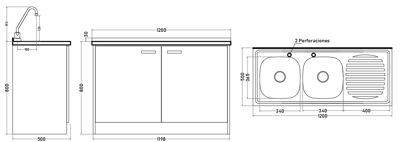 Kit Cocina 120 cm | Mueble Café + Lavaplatos 2 Cubetas + Grifería Combinación 8”