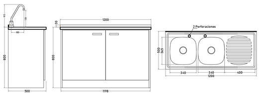Kit Cocina 120 cm | Mueble + Lavaplatos 2 Cubetas + Combinación 8”