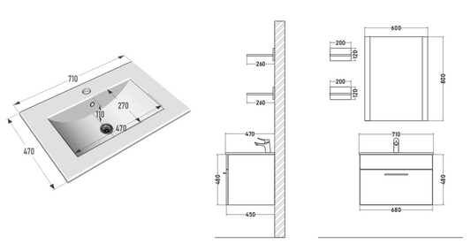 Kit Lavamanos de Loza 71 cm con Mueble Suspendido, Espejo y Repisas