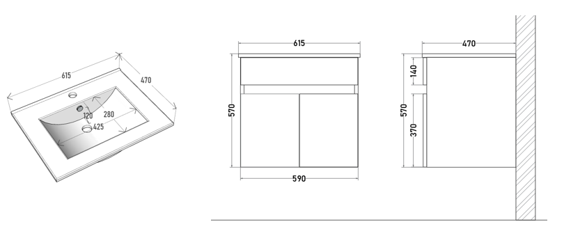 Lavamanos de Loza 60 cm con Mueble Suspendido