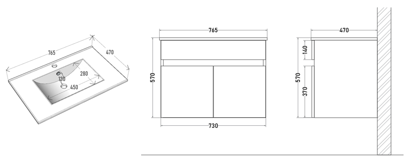Lavamanos de Loza 75 cm con Mueble Suspendido