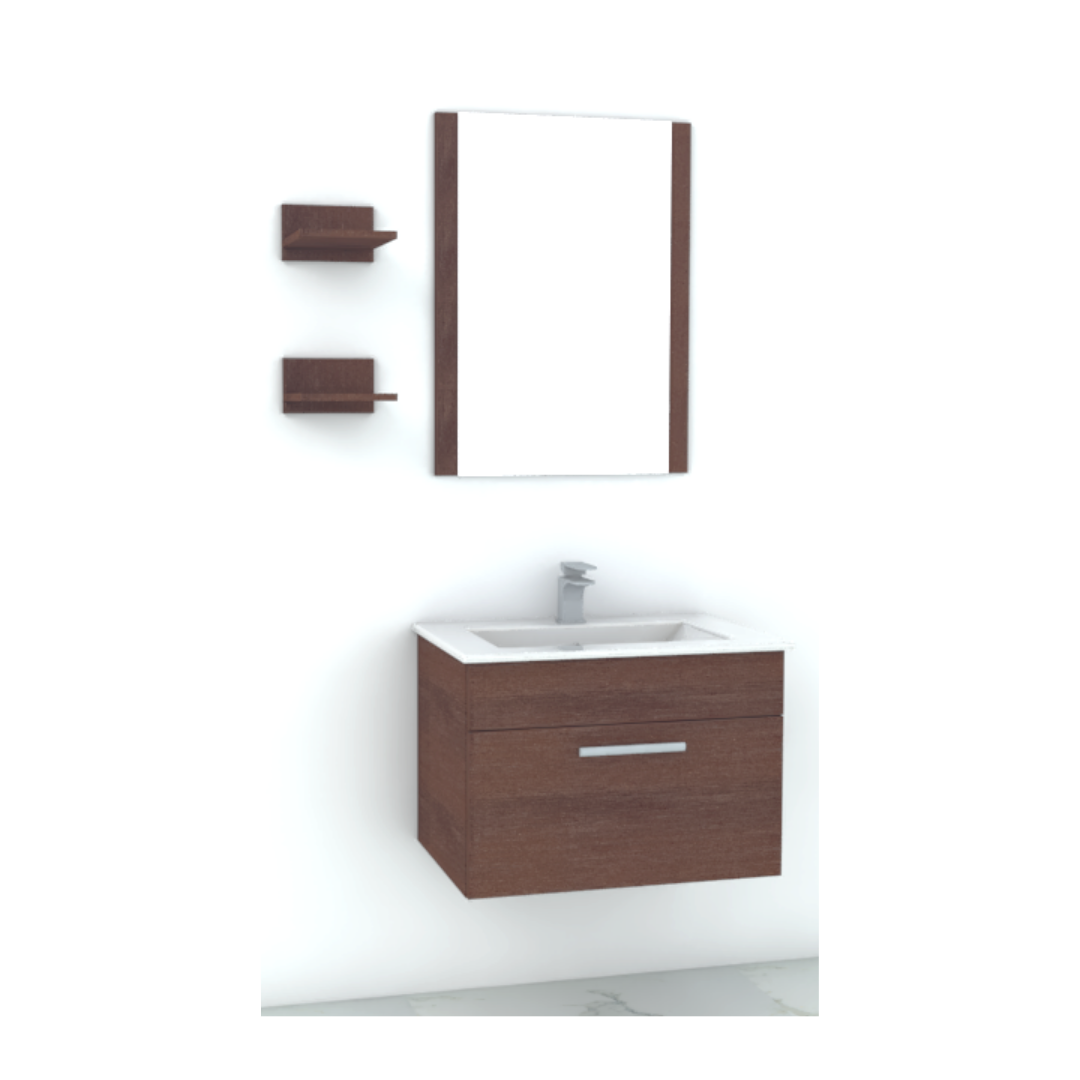 Kit Lavamanos de Loza 71 cm con Mueble Suspendido, Espejo y Repisas