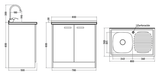 Kit Mueble Lavaplatos 80 cm con Lavaplatos y Monomando